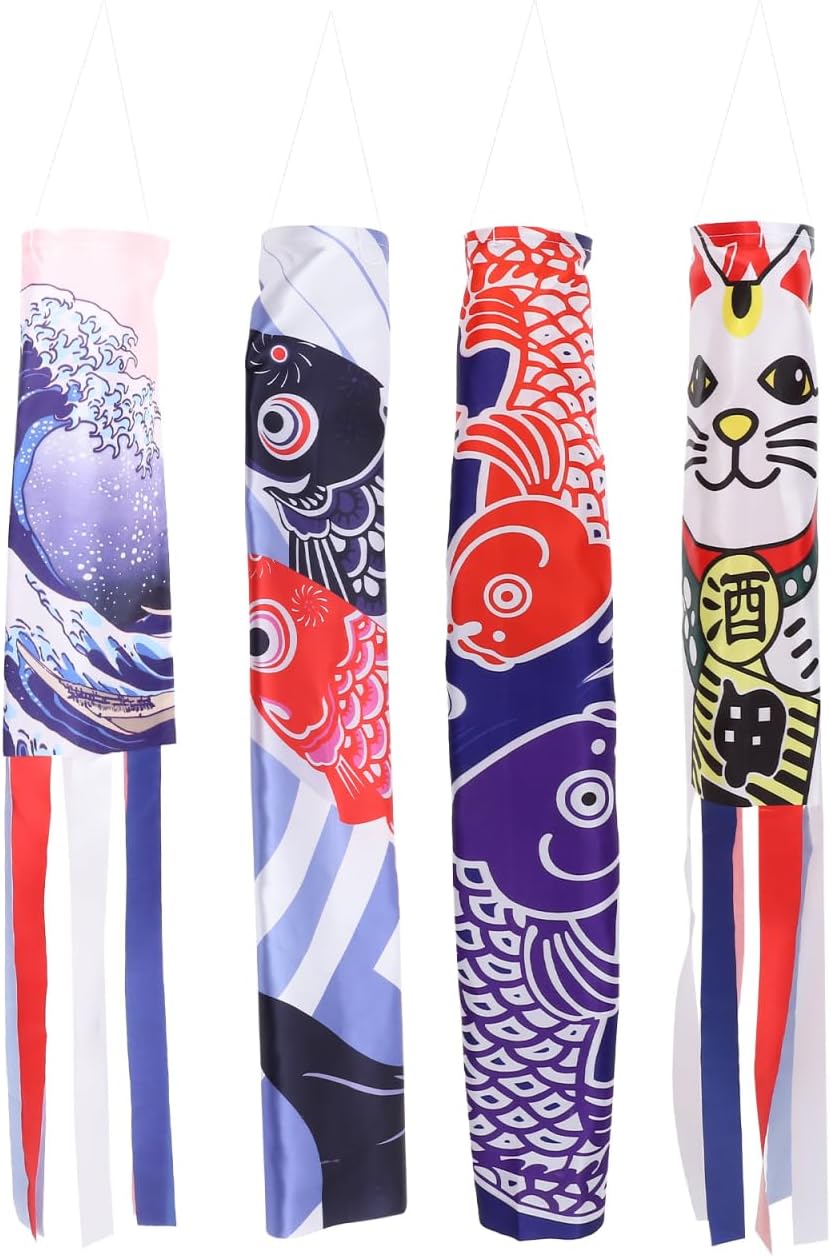 Amosfun 4pcs Japanese Carp Windsock Fish Flag Koinobori Hanging Decor, Outdoor Hanging Fish Windsocks for Sushi Bar, Izakaya, Garden and Restaurant Decoration