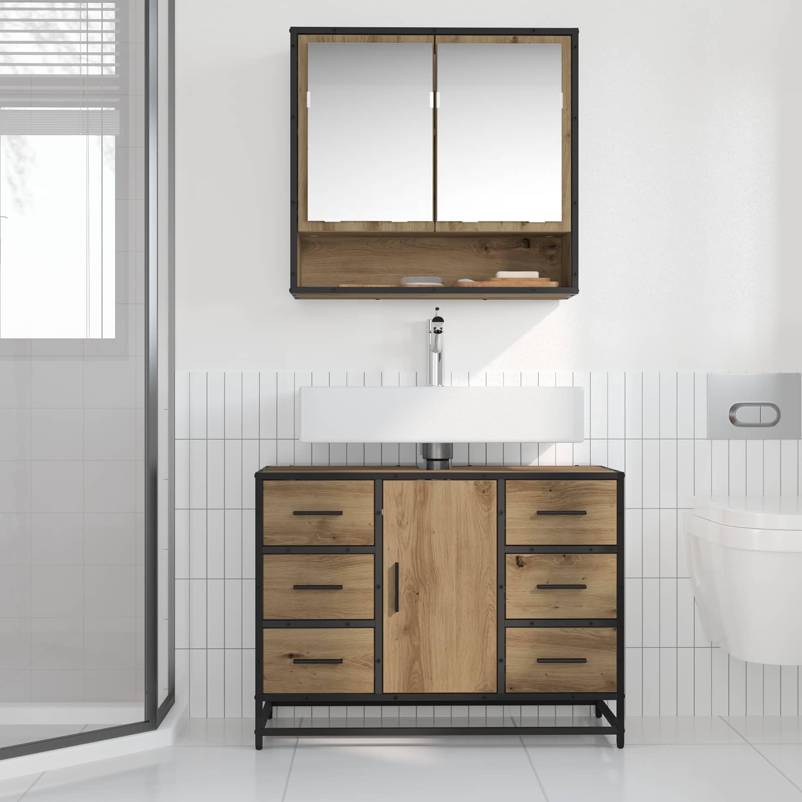 Badezimmerschrank Artisan-Eiche Holzwerkstoff 80 x 33 x 60 cm mit Schublade und Tür, moderner Badmöbel Organizer für Stauraum im Gäste-WC und Wellnessbereich