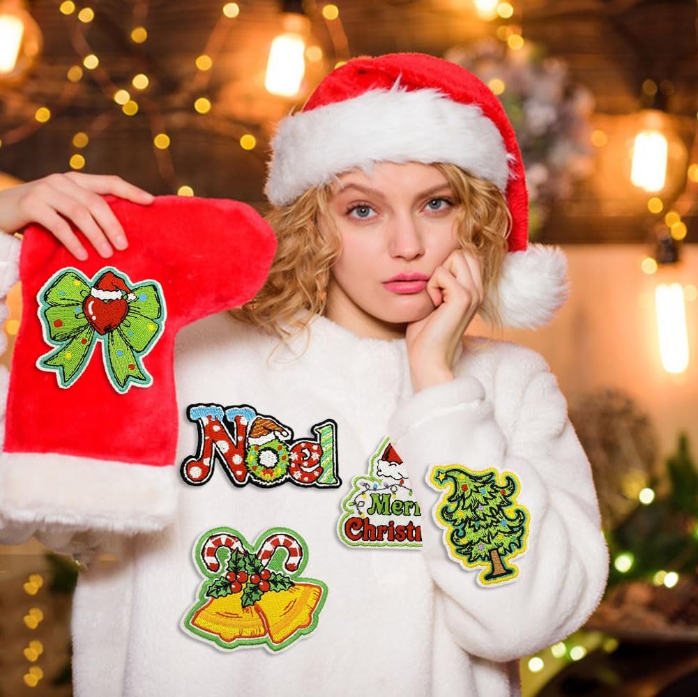 9Pcs Merry Christmas Iron on Patches Lime Green Red Noel Sew on Embroidered Applique Xmas Tree HOHOHO Gift Boxes Bell Bow Decorative Repair Patch for Christmas Winter Clothing Backpack Jean DIY Craft image 3