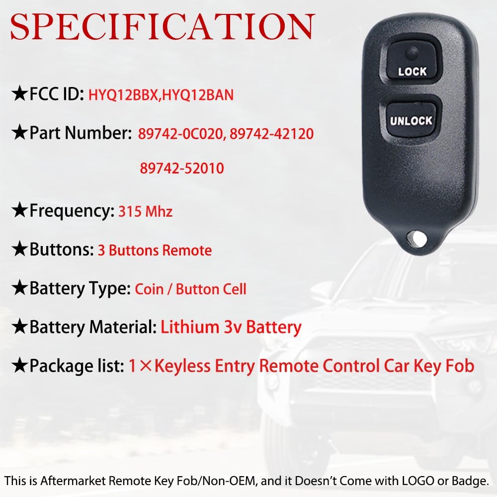 MechanMagic Key Fob Remote Replacement Fits for Toyota 4Runner 1999-2009/SCION XB/Highlander/RAV4 2001-2007/FJ CRUISER/PRIUS/CELICA/TUNDRA/HYQ12BBX HYQ12BAN Keyless Entry Remote Control