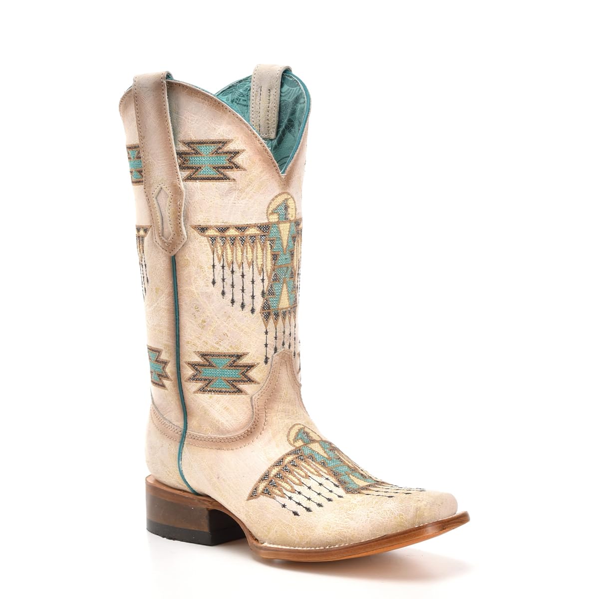 Corral Boots Womens White Handcrafted Western Boots Square Toe Cowboy Boots with Woven Eagle Embroidery Design