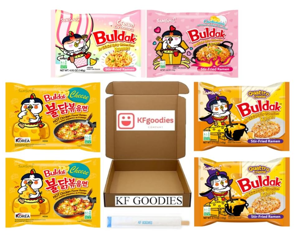 Samyang Buldak Hot Spicy Chicken Ramen Noodle Korean Stir-Fried Ramen (6 Pack - Carbonara, Cream Carbonara, 2 Cheese, 2 Quattro Cheese)