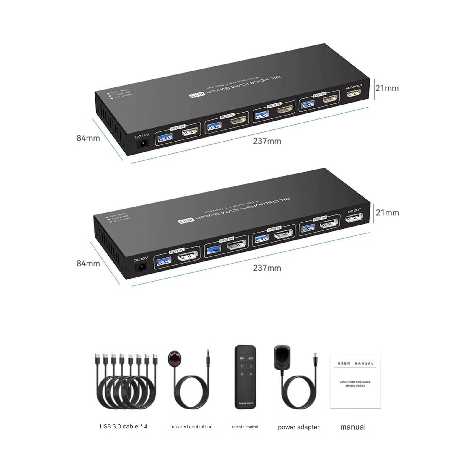 4-portowy przełącznik KVM z HDMI/DP, 8K 60 Hz, jeden zestaw myszy i klawiatury do sterowania czterema komputerami hosta współdzielonymi jednym monitorem; urządzenie do udostępniania drukarki
