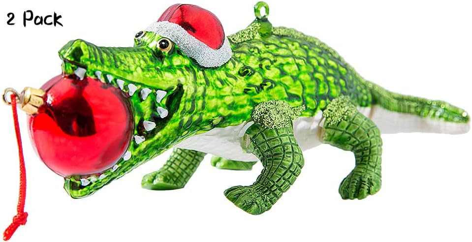2 Pack 6.7'' Glass Alligator Christmas Ornament, Hand Painted Glass Crocodile Alligator Ornaments for Christmas Tree Decorations - Image 2