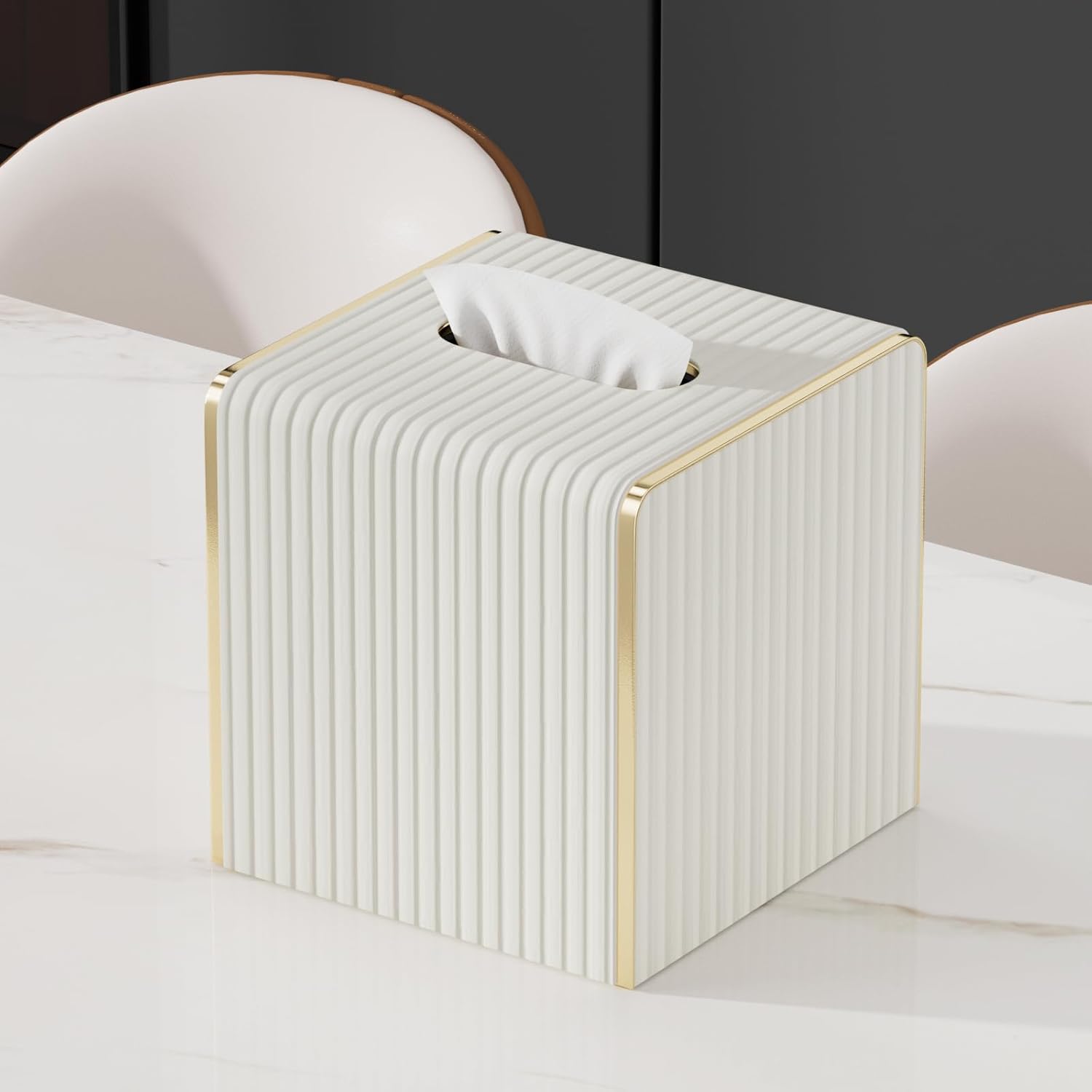 Tissue Box Cover,White Square Leather Tissue Box Holders with Gold-Tone Edging Decoration, Tissue Vessel for Bathroom Toilet Bedroom Living Room Table Desk Office,Modern Home Decor