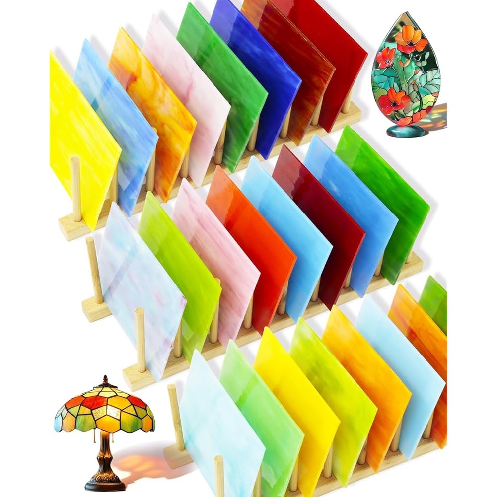 Vjsujehgy Iridescent Colors 24 Sheets Stained Glass 4x6 Inch-for DIY Crafts, Mosaic Glass Art, Fused Glass Supplies for Home Decor