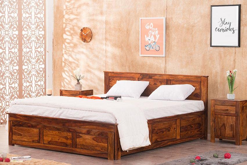 Image of Sheesham Wood King Size Bed with Open Dual Storage for Bedroom Home Wooden Double Bed Cot Palang for Living Room and Hotels (Honey Finish) | 1 Year Warranty