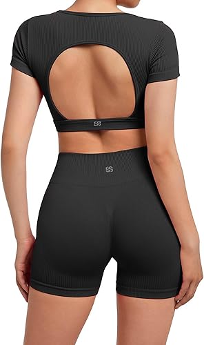 Miniatura 3 de SUUKSESS Conjunto de 2 piezas de entrenamiento acanalado sin costuras con espalda abierta y manga corta y glúteos fruncidos