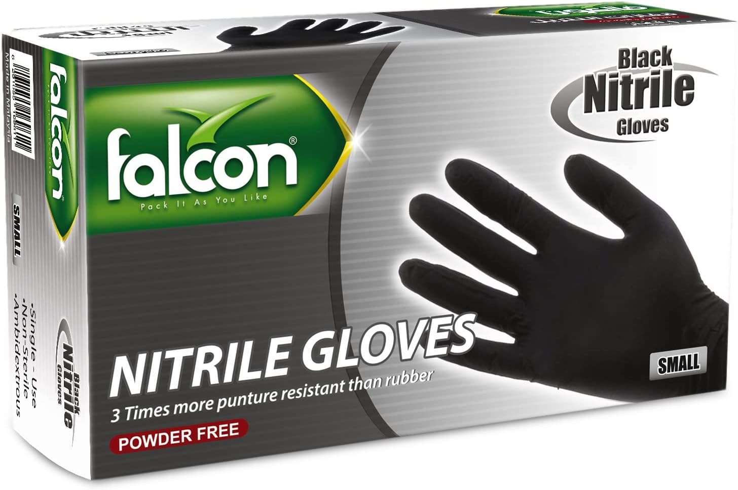 Falcon Nitrile Gloves - Black Powder Free (Small) - 100 Pieces