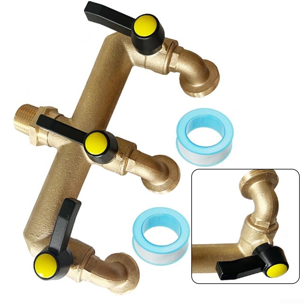 1 pz erogatore rubinetto, rubinetto da giardino in ottone a 3 vie con valvola a sfera di deviazione con ingresso NPT e uscita GHT consente di collegare contemporaneamente due timer di irrigazione (3/4