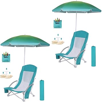 Beach Chair with Umbrella, High Back Folding Compact Chair for Adults with Cooler Bag, Carry Bag, Huge Shade, Portable, Lightweight for Beach, Outdoor, Camping 2 Pack, Bright Blue/Hint Green