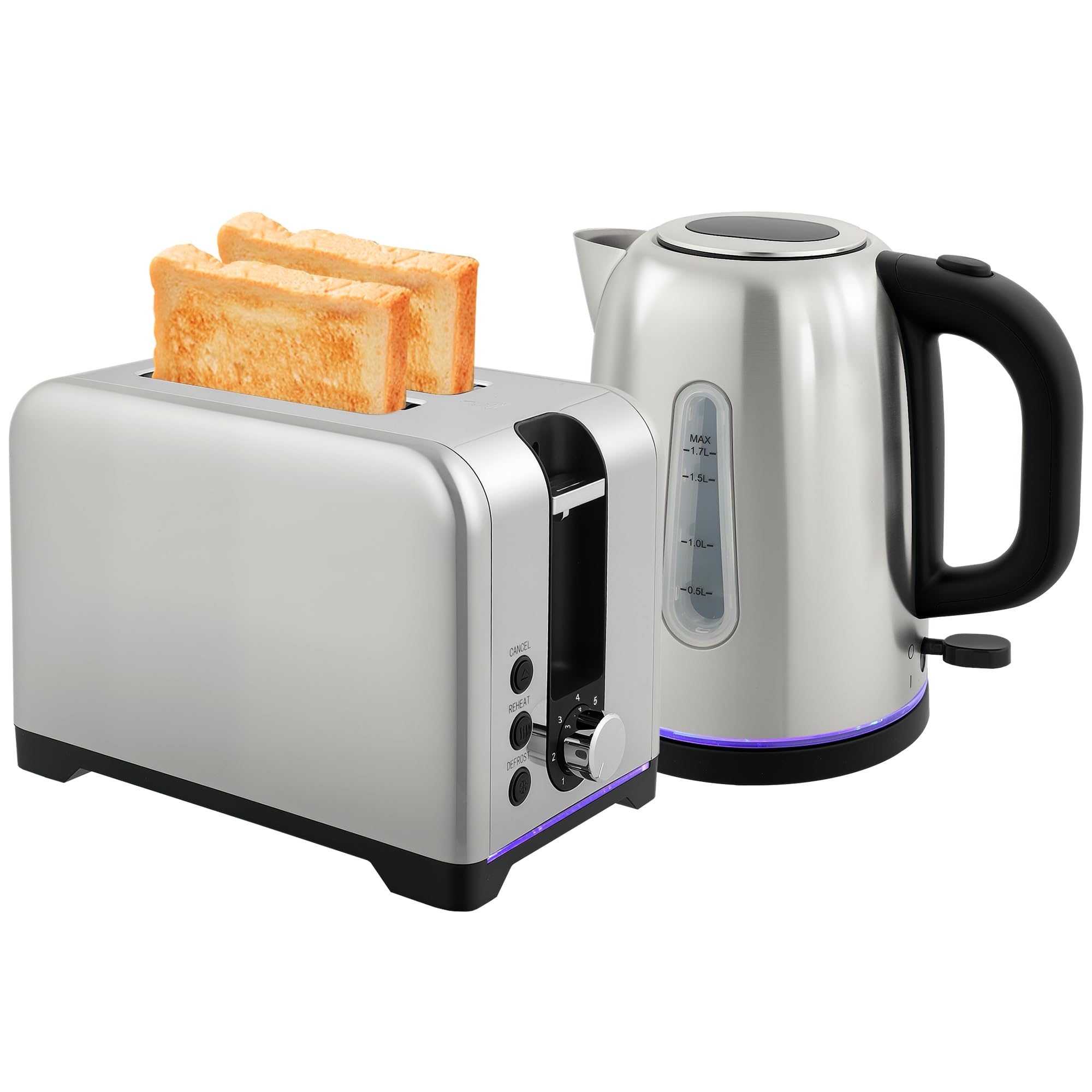 HOMCOM Kettle and Toaster Set, 1.7L 3000W Rapid Boil Jug Kettle with Otter Thermostat, Limescale Filter, 2 Slice Toaster with 7 Browning Controls, Crumb Tray, LED Strip, Silver Tone — image 1