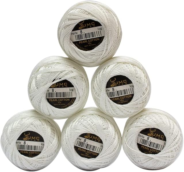 UMC STAG 6 Balls White/Ecru Colour Premium Pearl Cotton Embroidery Thread Size 8 | 100% Egyptian Cotton Crochet Yarn | Cross Stitch Embroidery Yarn | Oeko TEX Certified | 10 Grams per Ball (White)