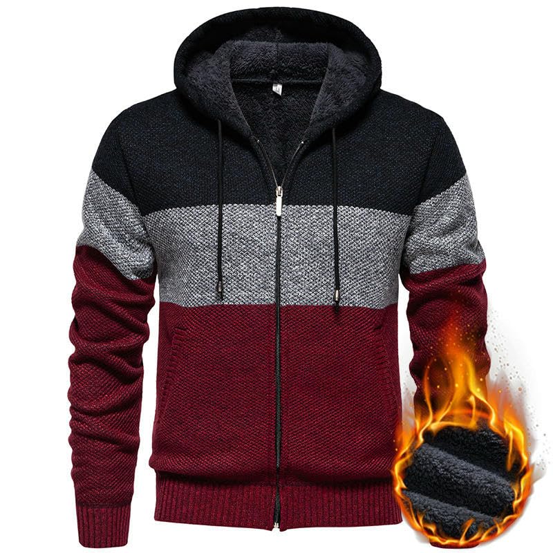 Men's Autumn Winter Loose Plush Lined Color Block Hooded Knit Sweater Cardigan4