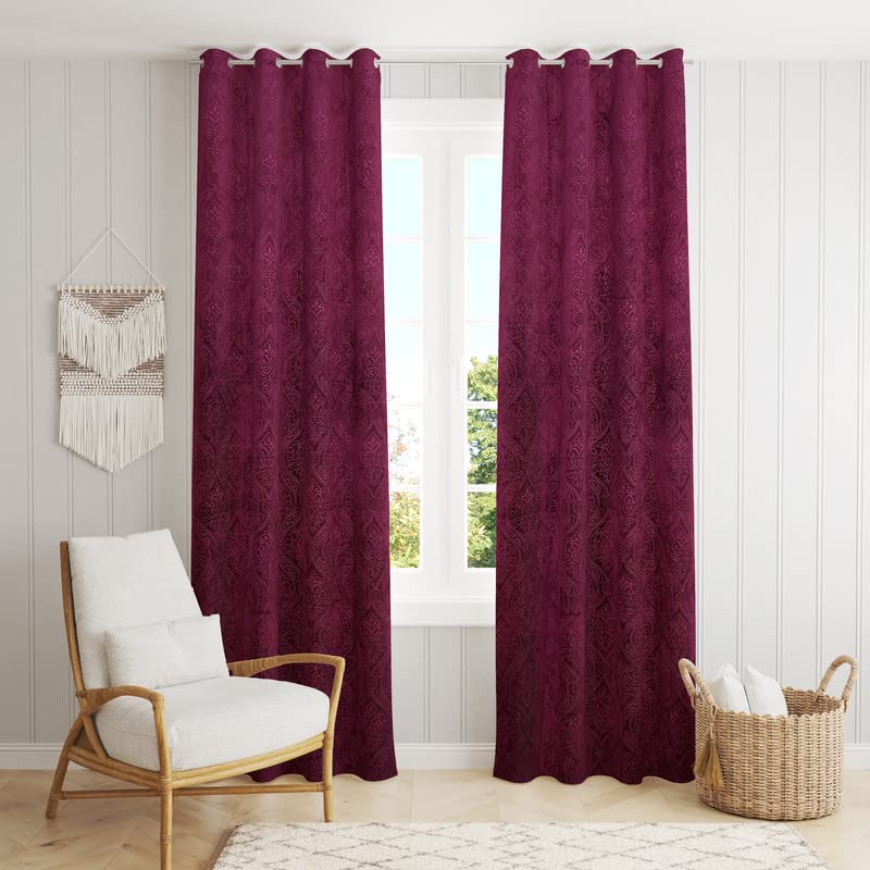 Image of Suede Velvet Embossed Room Darkening Door Curtain for Living Room, Bedroom, Hallway, 9 feet Long, Wine, Set of 1