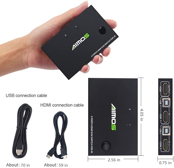 AIMOS KVM Switch, Hotkey HDMI Switcher Box 2 In 1 Out For 2 Computers Share Keyboard, Mouse And Monitor Support 4K@30Hz for Laptop, PC With Windows/Linux/Mac System, With 2x USB, 1x HDMI Cable
