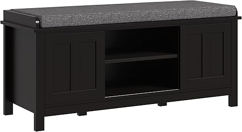 HOMCOM Banco otomano de almacenamiento para zapatos de entrada con puertas correderas, estantería ajustable, 6 compartimentos y asiento acolchado,