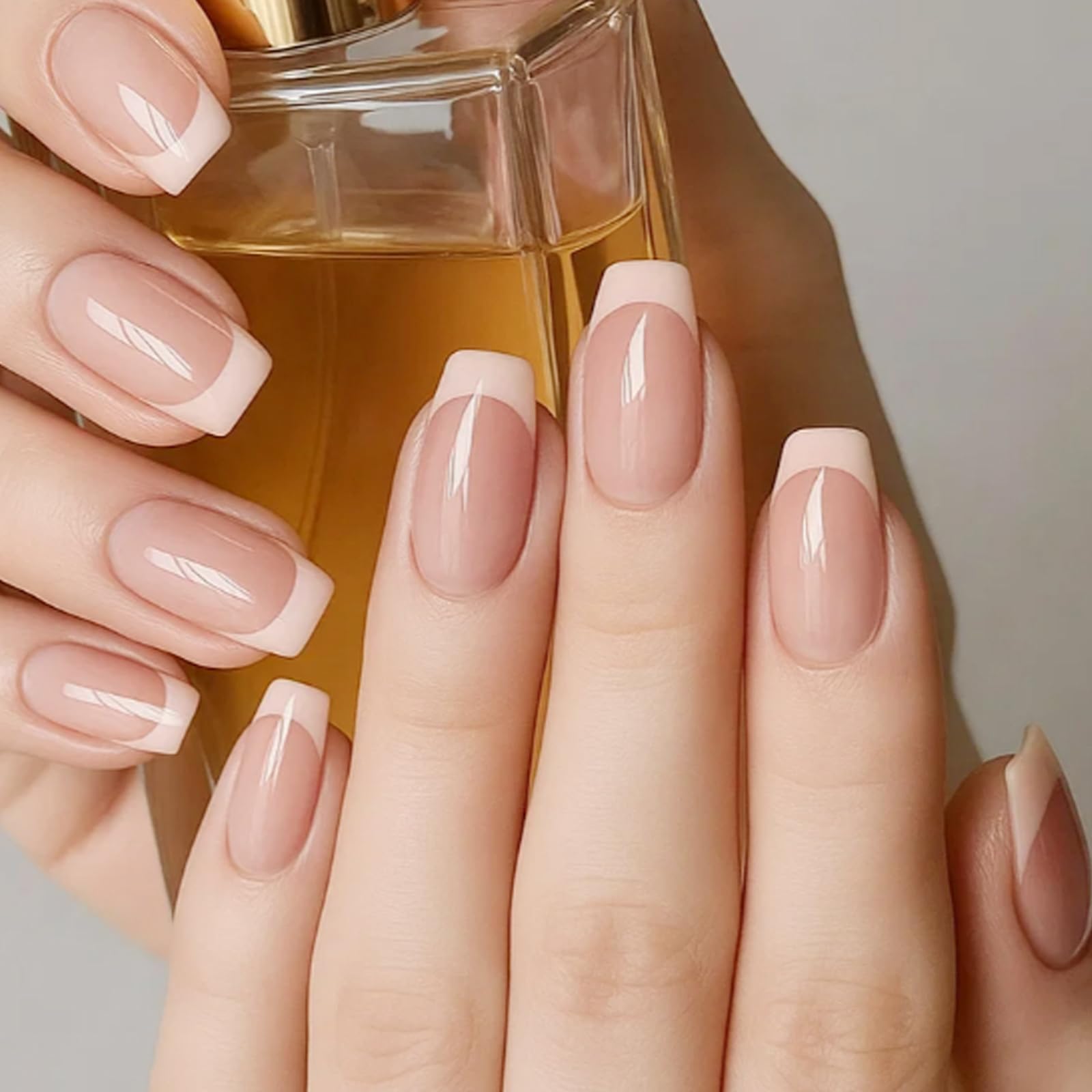Nude Pink Ombre Glossy Press On Artificial Nails Set including French White Tips