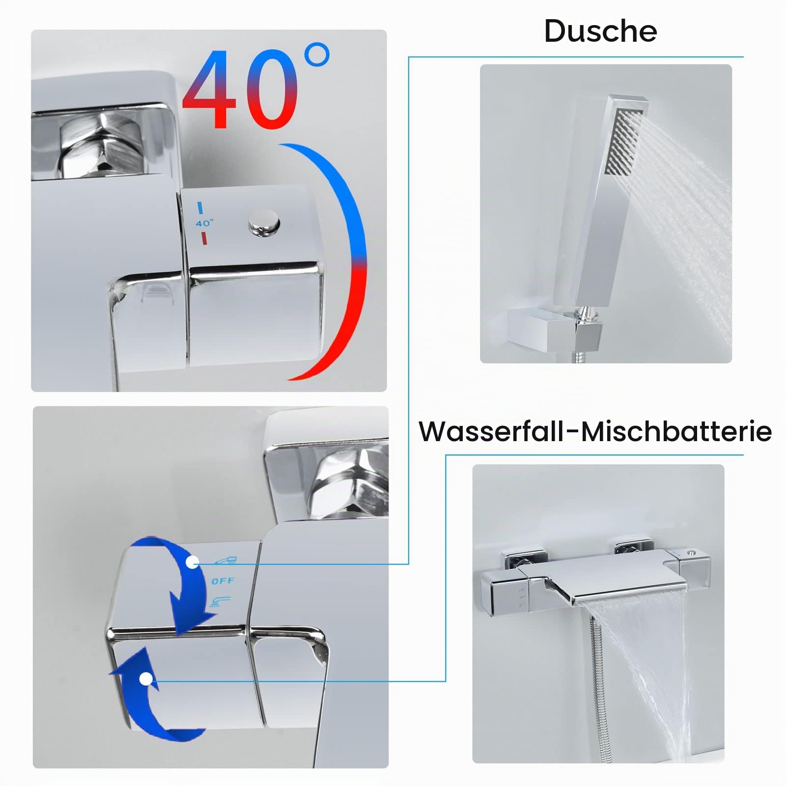 SHANFO Thermostat Wasserfall Badewannenarmatur Chrom Wandmontage Wannenarmatur Mit Handbrause Wannenbatterie,Armatur für Badezimmer Bad,Messing 4Y1OK