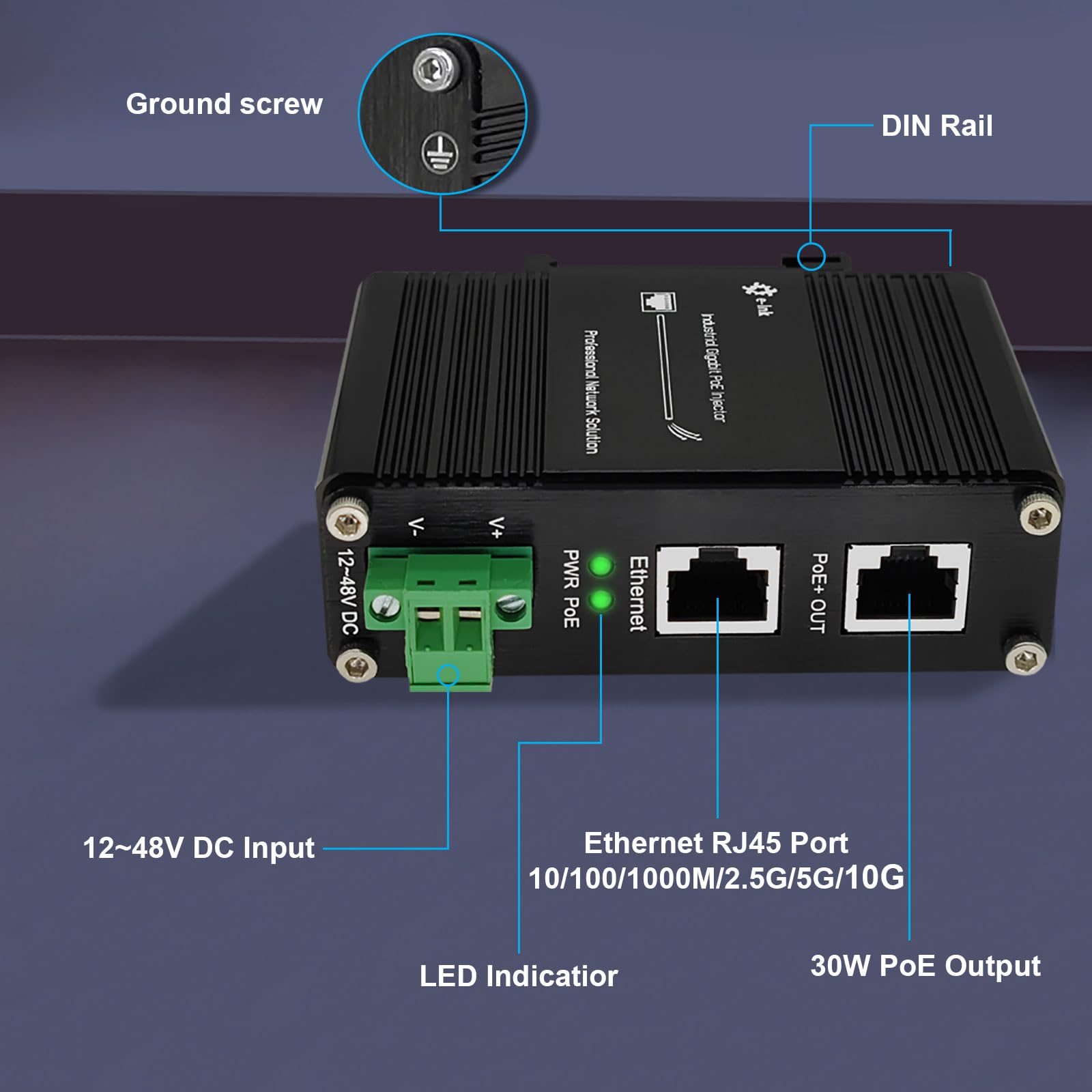 Injecteur PoE 10G – Injecteur industriel 10 Gigabit PoE+ IEEE802.3 à 30 W avec entrée 12-48 V CC rail DIN, support mural, boîtier en aluminium