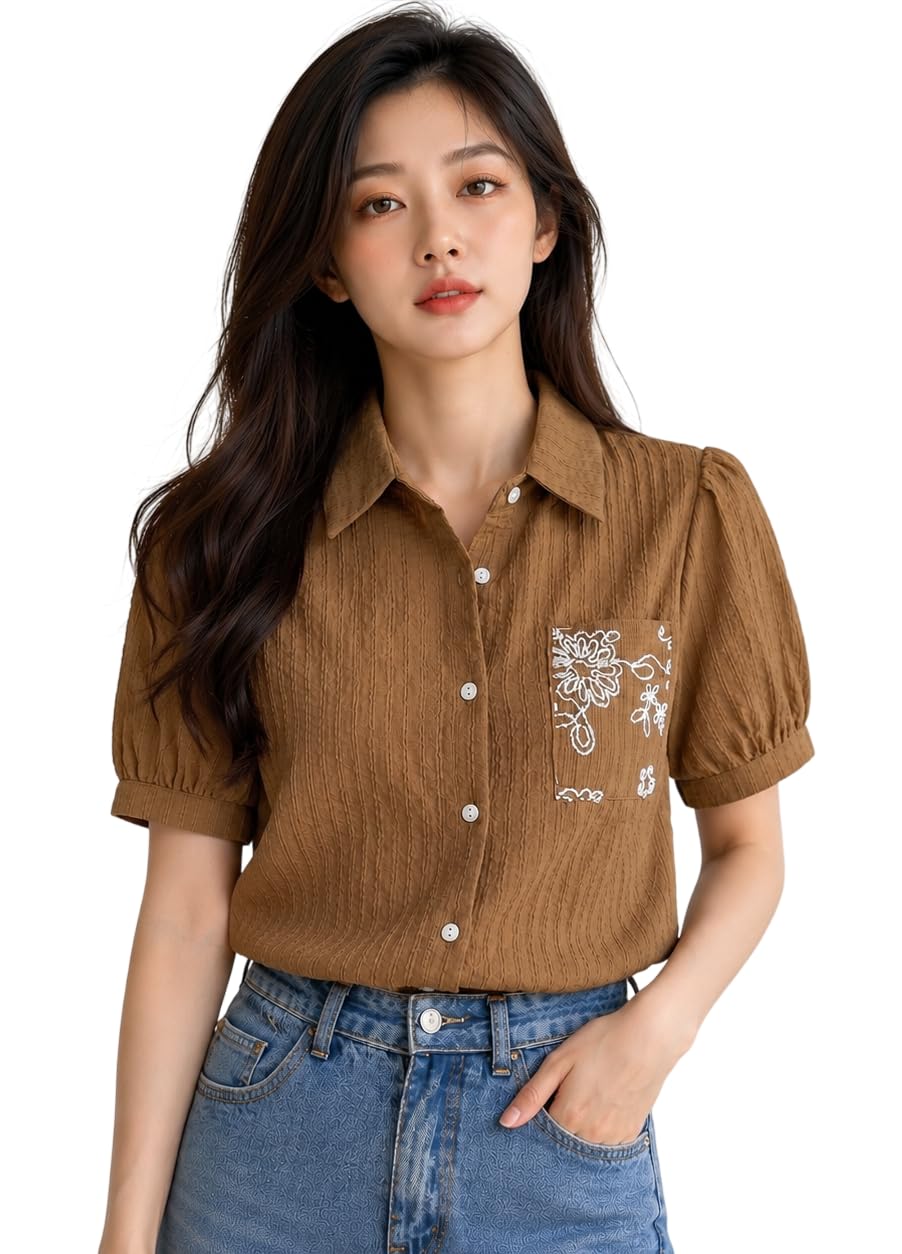 Women’s Floral Embroidered Shirt | Elegant Short Sleeve Shirts for Casual & Office Wear | Stylish Summer Button-Down Shirt for Girls & Women-picture-49