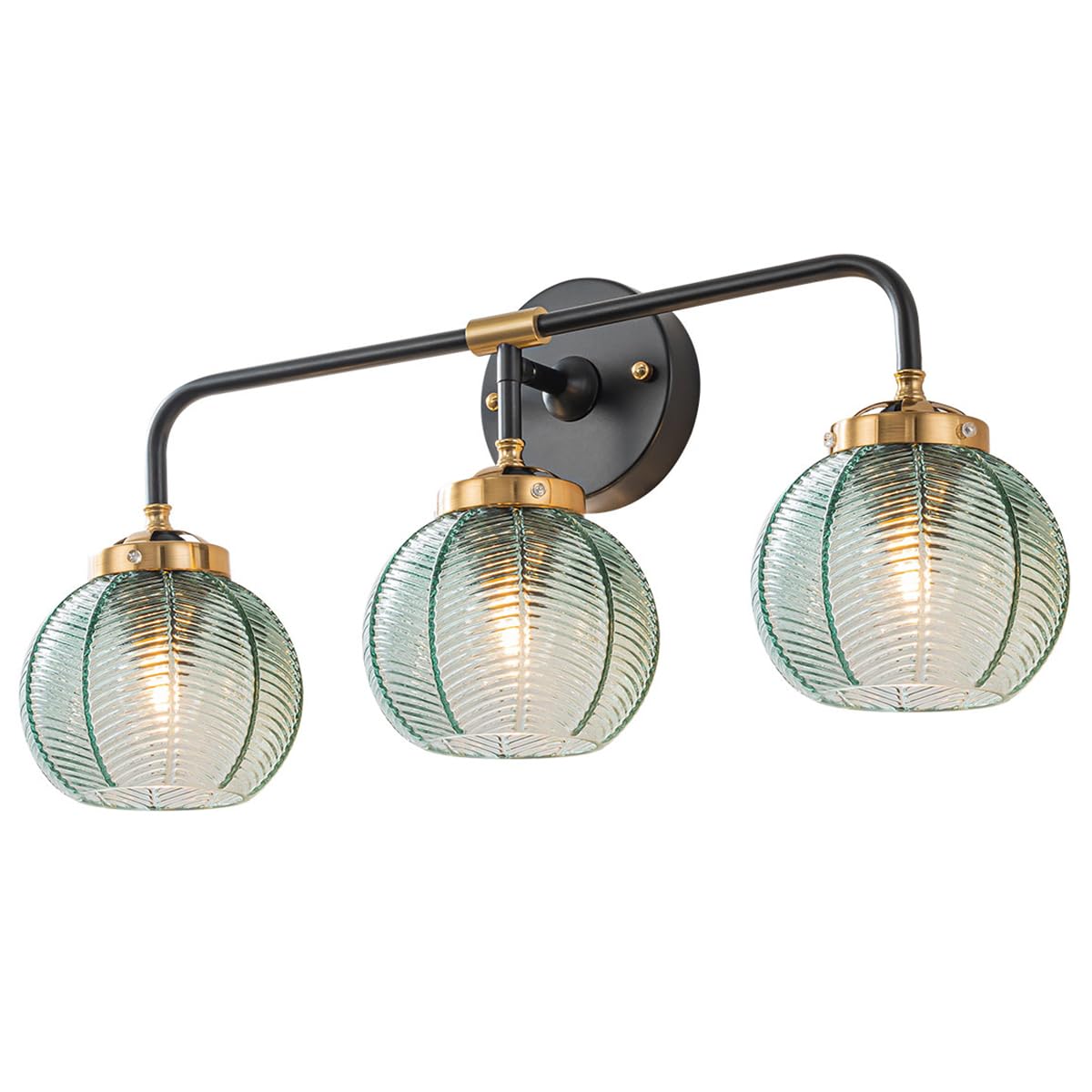 3 Light Bathroom Vanity Light Fixture, Modern Glass Globe Wall Sconce with Ribbed Green Shade, Vintage Wall Lamp for Over Mirror, Bedroom, Hallway, Living Room, 23.6x7.9 inches