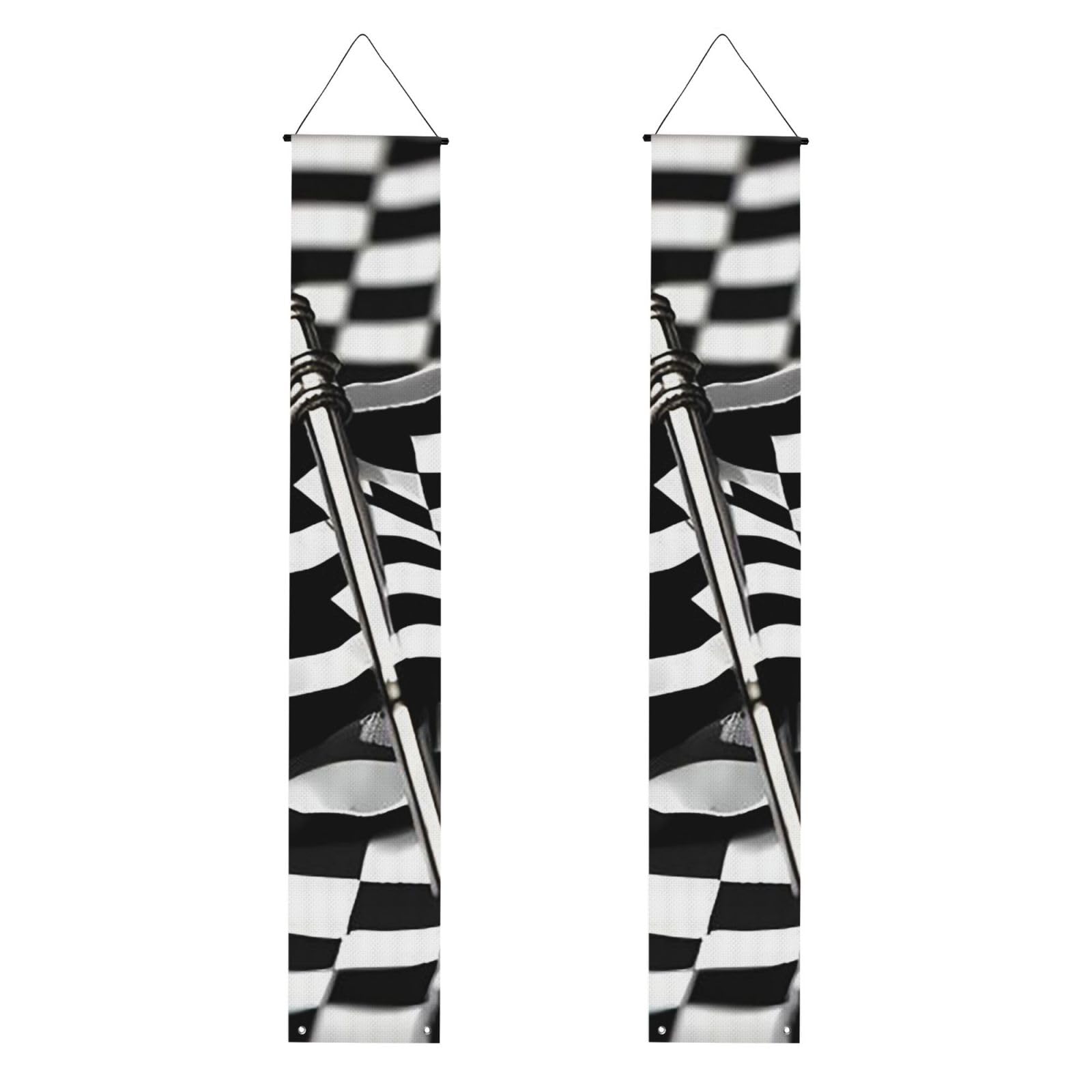 Checkered Flags Race Flags Porch Banner 2PCS, Summer Hanging Flag Party Porch Sign Front Door Hanging Decorations for Indoor Outdoor Holiday Yard Decor Wall Backdrop 71 x 12 Inch