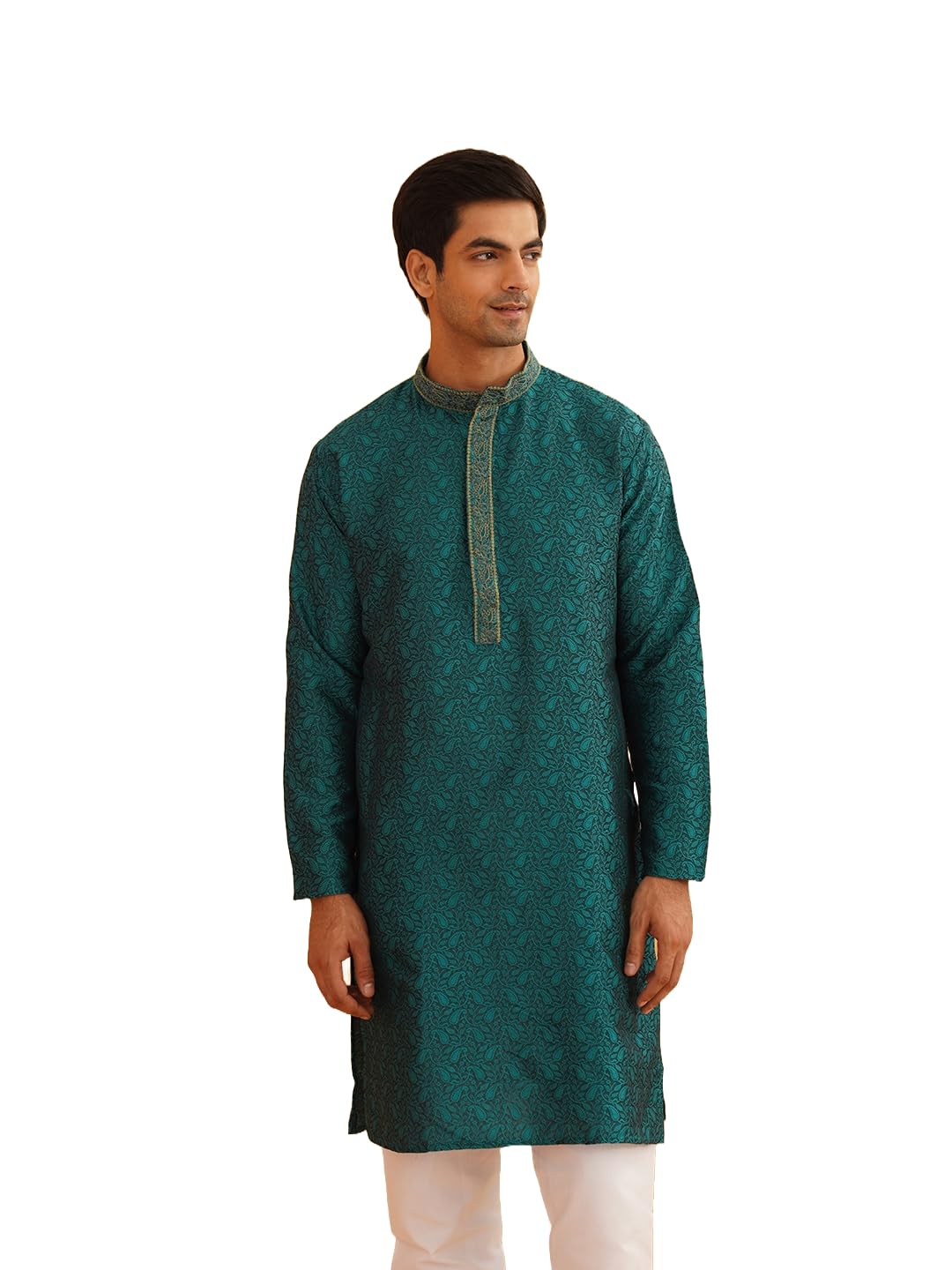 Sojanya (Since 1958 Men's Silk Blend Teal Color Only Long Kurta With Neck Embroidery