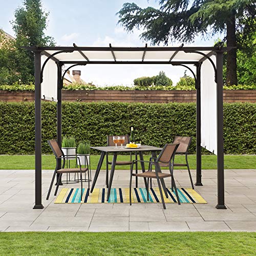 Sunjoy 10 X 10 Ft. Pergola, Outdoor Patio Brown Steel Classic Frame Pergola With Retractable White Canopy Shade For Backyard, Garden Activities #TOP22