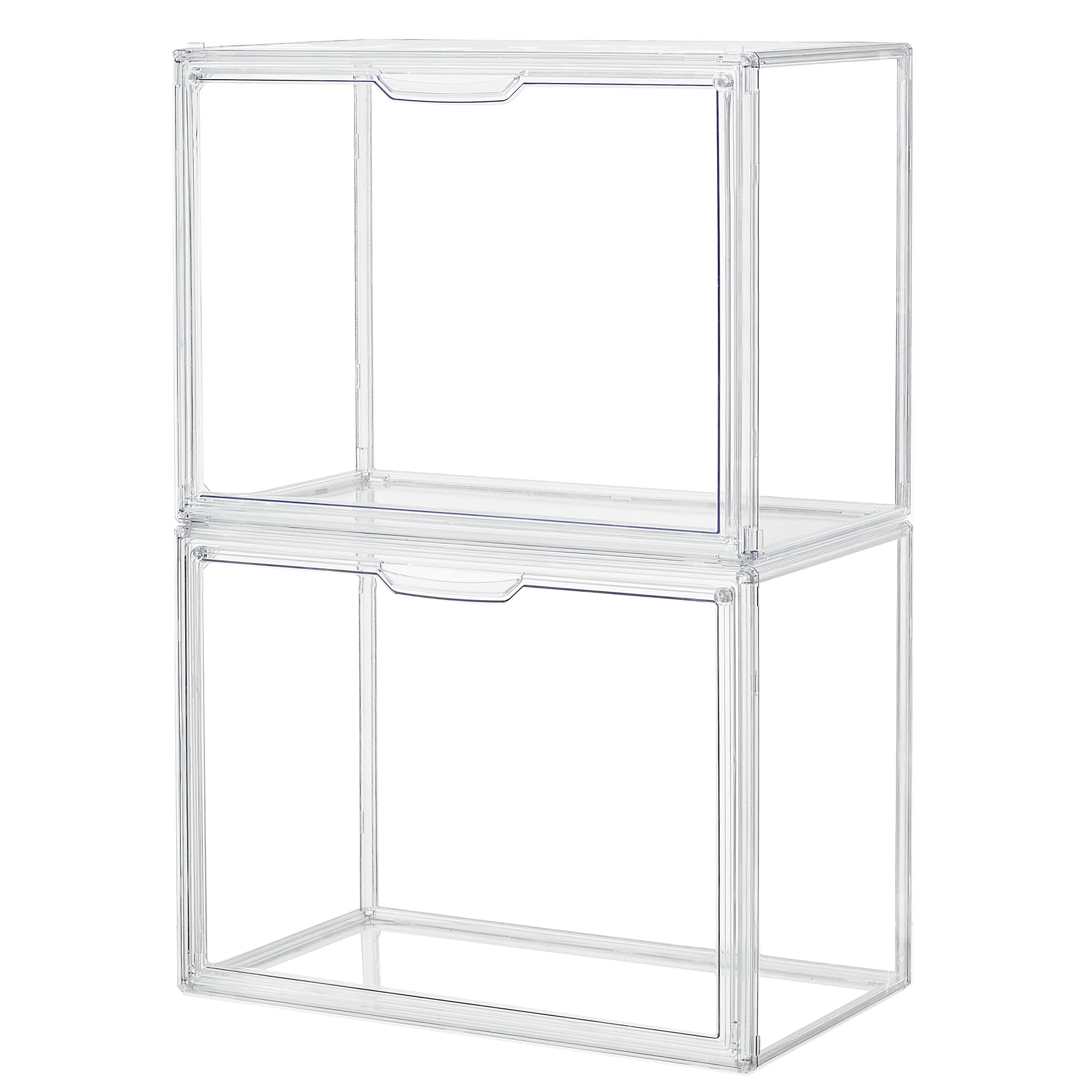 Clear Storage Bins with Lids, 2 Pack Acrylic Display Case with Magnetic Door for Cosmetic Collectibles Large Figures Models, Stackable Acrylic Storage Box for Home Office Living Room Dorm