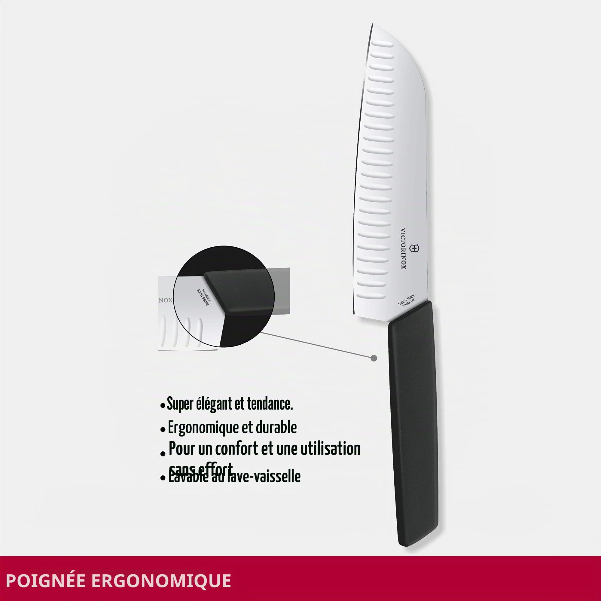 Victorinox Swiss Modern Couteau Santoku, Lame Alvéolée, Acier Inoxydable, Lavable au Lave-Vaisselle, Noir