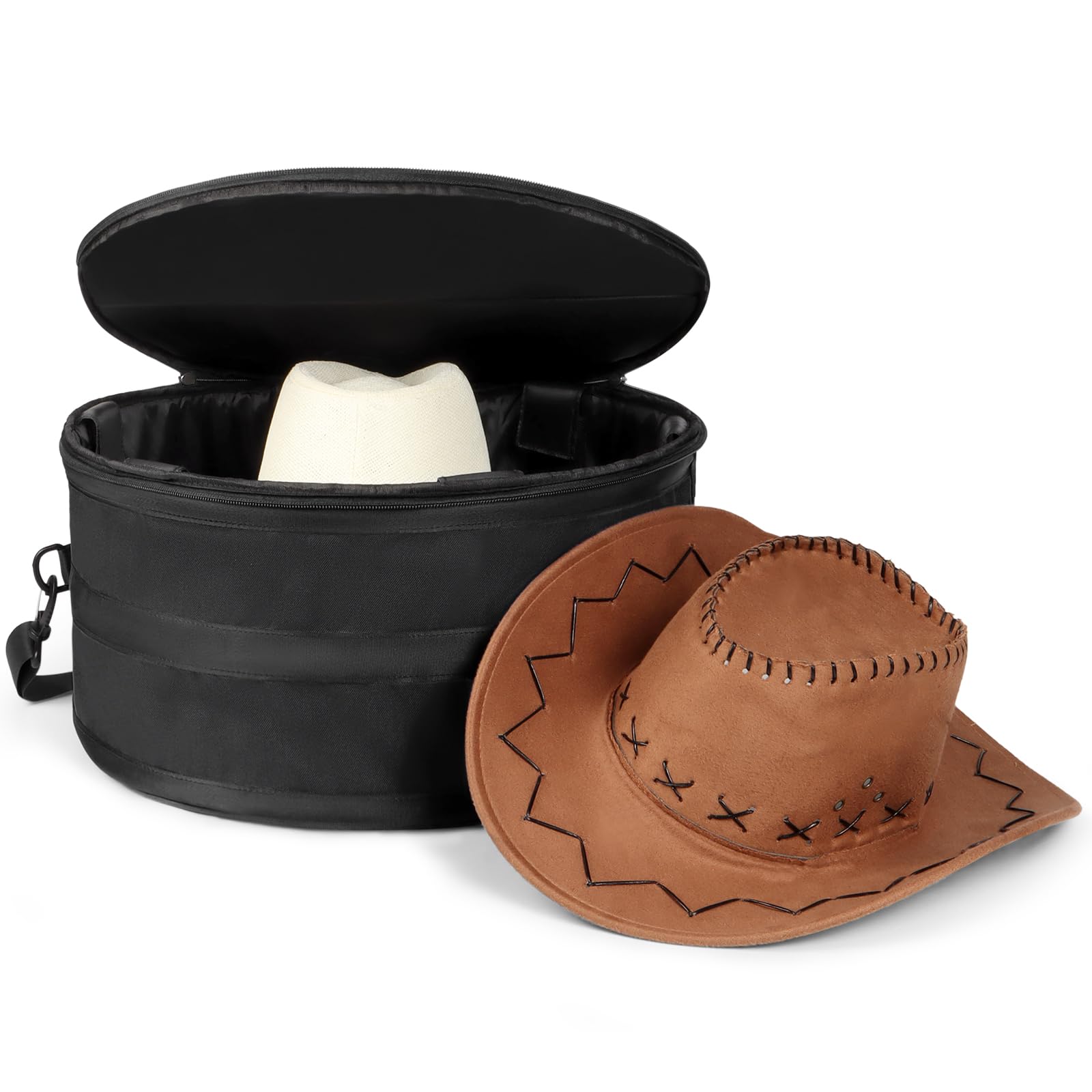 WOMACO Hat Box for Travel, Hard Shell Hat Storage Case for Cowboy Hat, Collapsible Hat Organizer Bag with Handle and Shoulder Strap (Black, Large)