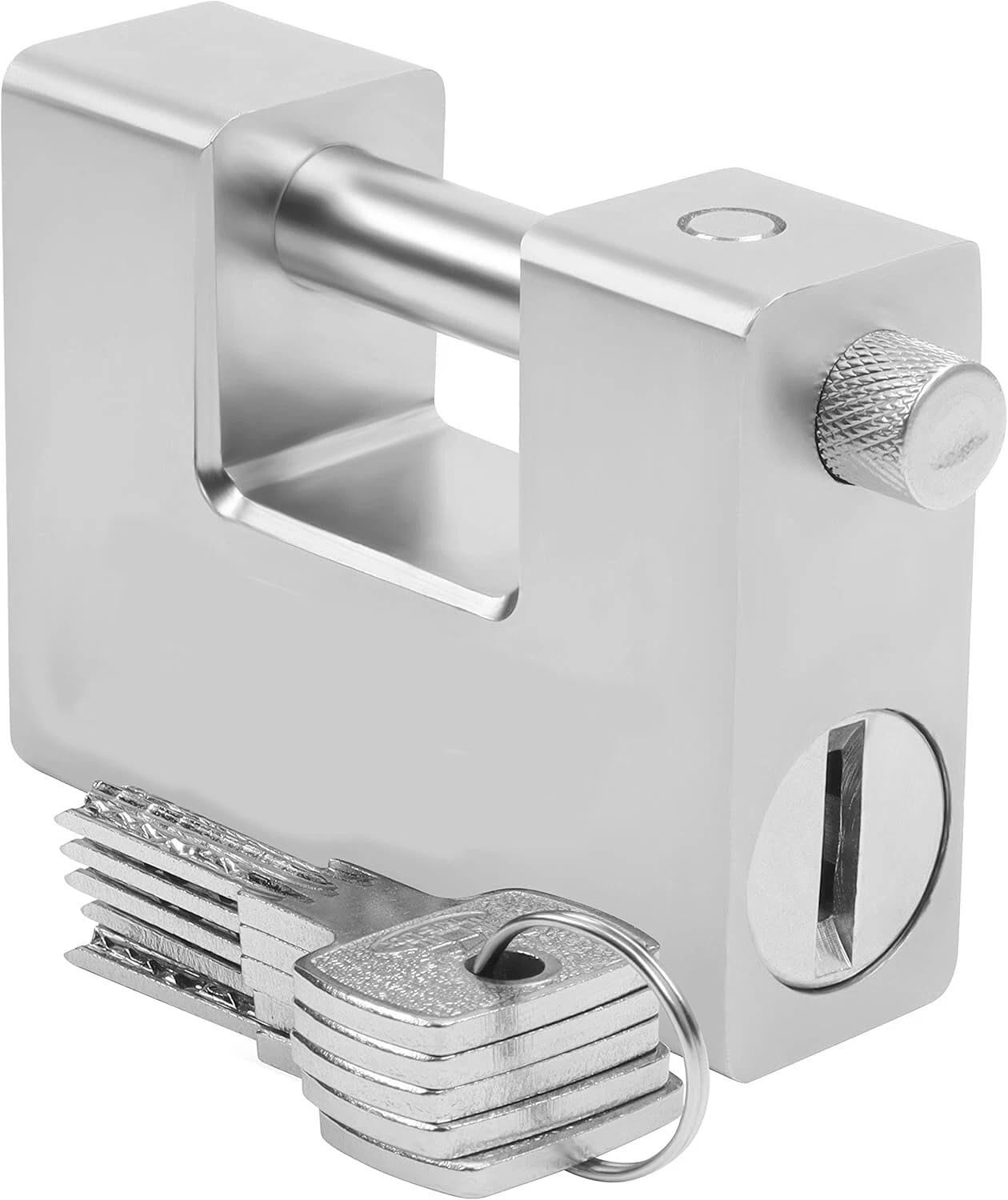 stainless steel d-shaped heavy duty padlock with key for garage door, containers, shed and warehouse high security 5 keys heavy duty gate lock long shackle shipping container silver finish