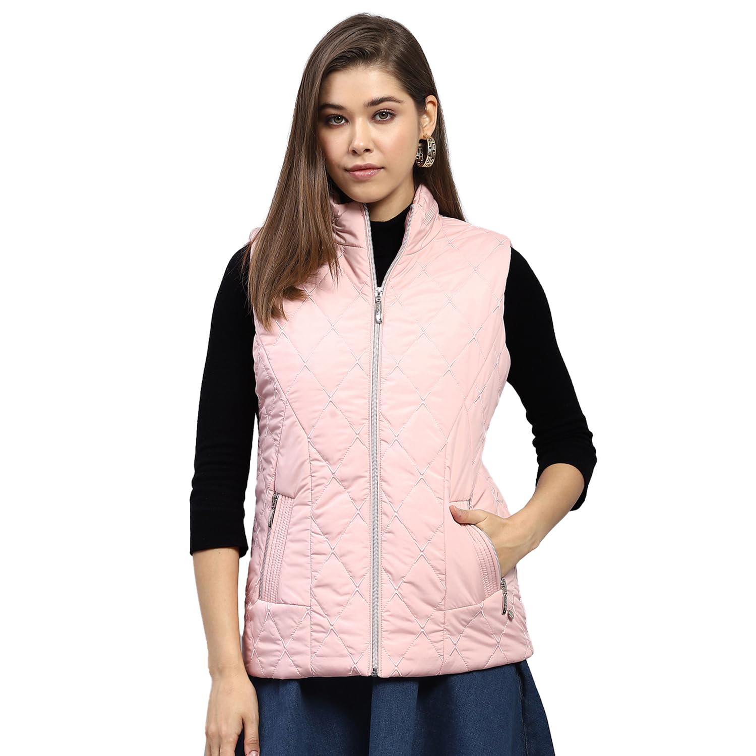 monte carlo Womens Embroidered Pink Mock Neck Sleeveless Jacket-picture-27