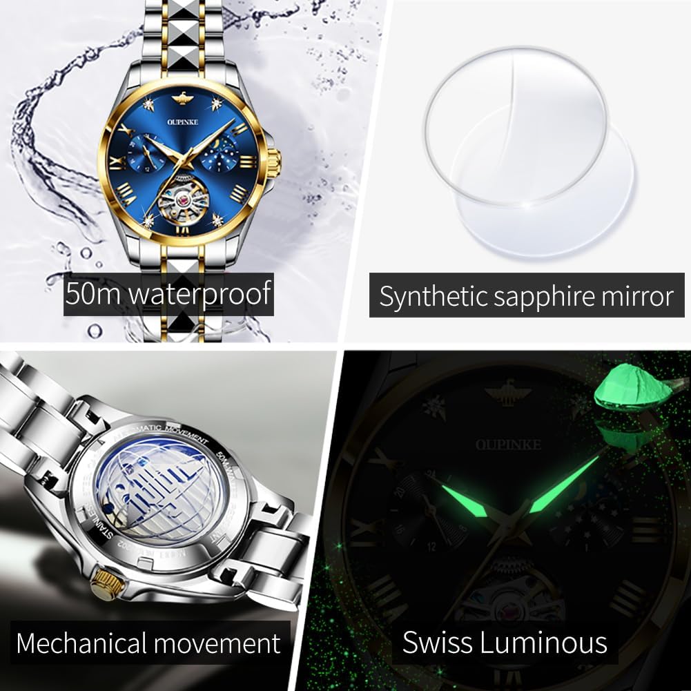 OLEVS Womens Automatic Watch Gold Luxury Diamond Self Winding Ladies Wrist Watches Waterproof Luminous Date