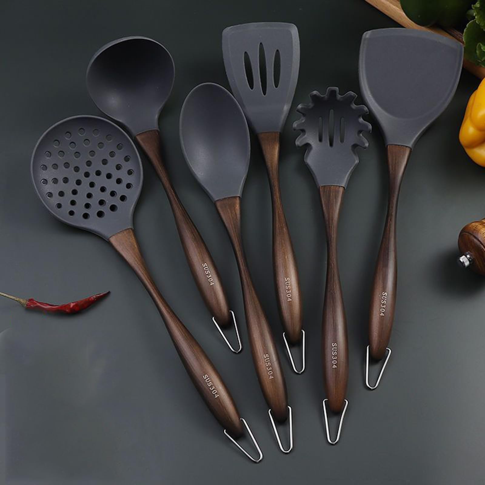 Tousiyra Black Kitchen Utensil Set Silicone Cooking Utensils 6 Kitchen Gadgets & Spoons For Nonstick Cookware Silicone And Stainless Steel Spatula Set Best Kitchen Tools, Useful Pots And Pans Accessories