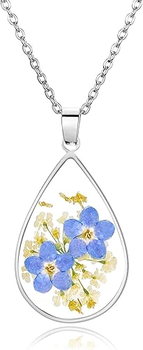 Collar de flores silvestres prensadas con encaje de Forget-Me-Not y Queen Anne Collar de flores prensadas de oro Collares hechos a mano