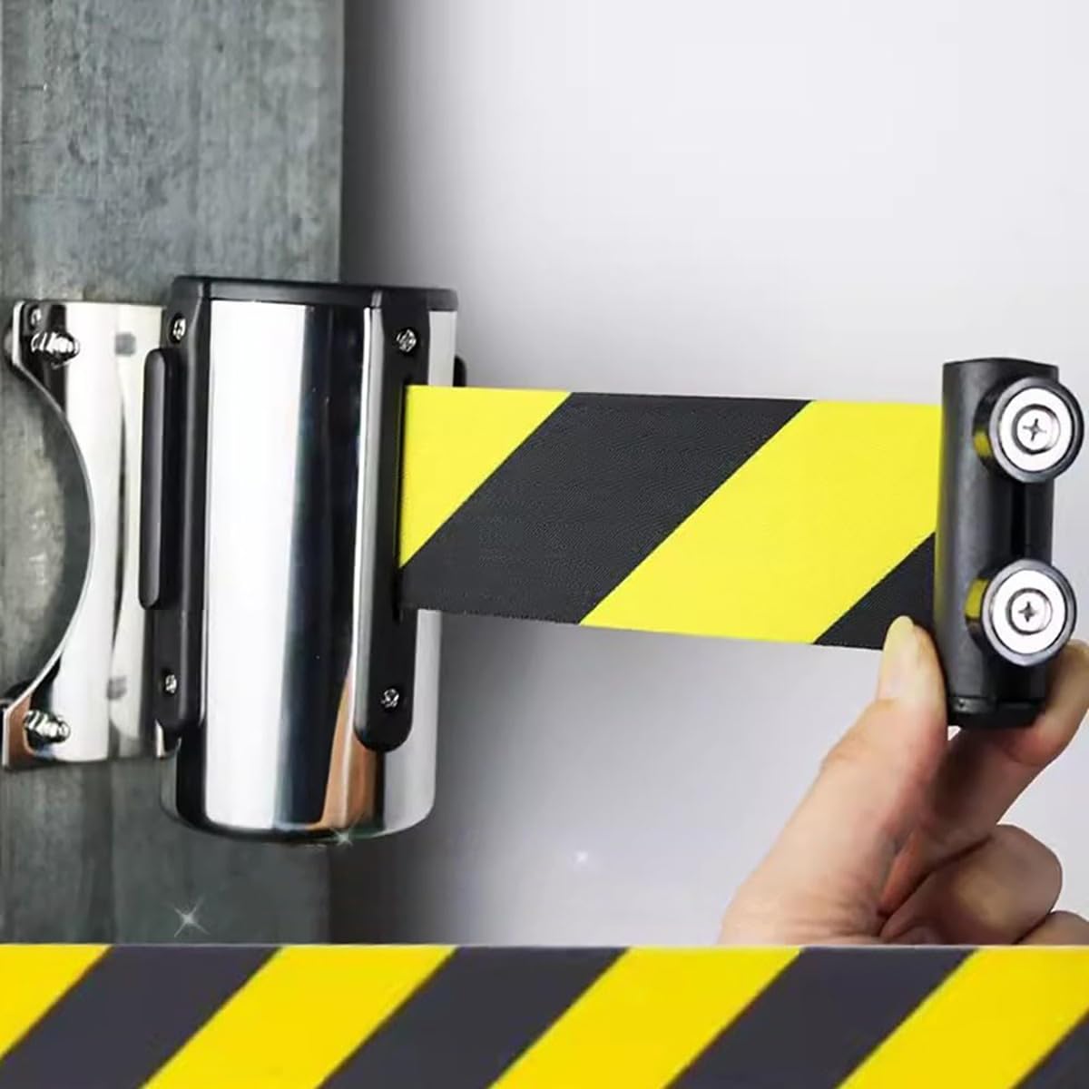 Poste, Divisor línea, Barrera Cola con Cinta retráctil, Cinta Seguridad Montaje en Pared, Barrera Cinta retráctil, cinturón magnético, cinturón Seguridad Amarillo y Negro Control multitudes, Barrera