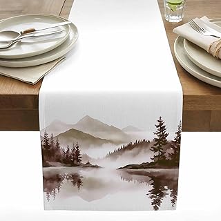 Table Runner Watercolor Brown Lake Forest Table Runners for Kitchen Trees Mountain Dining Decoration for Living Room Parties Indoor Outdoor 13x120 Inch