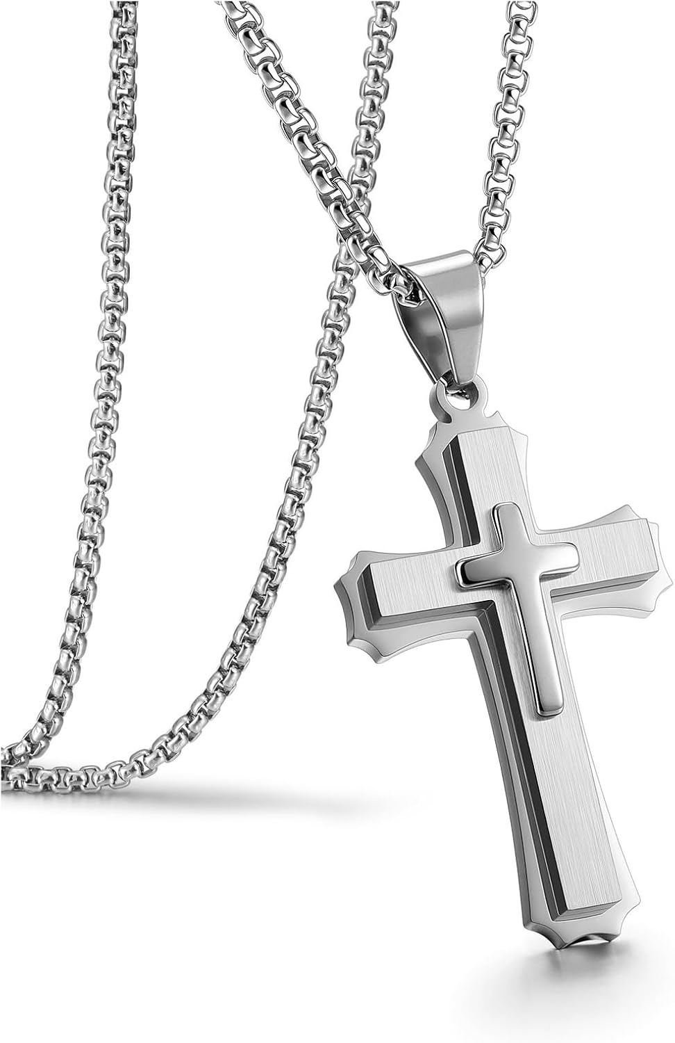 PESOENTH Mens Cross Necklace for Men,Stainless Steel Silver Cross Crucifix Pendant Chain Men's Necklace Jewelry Christian Gifts For Men