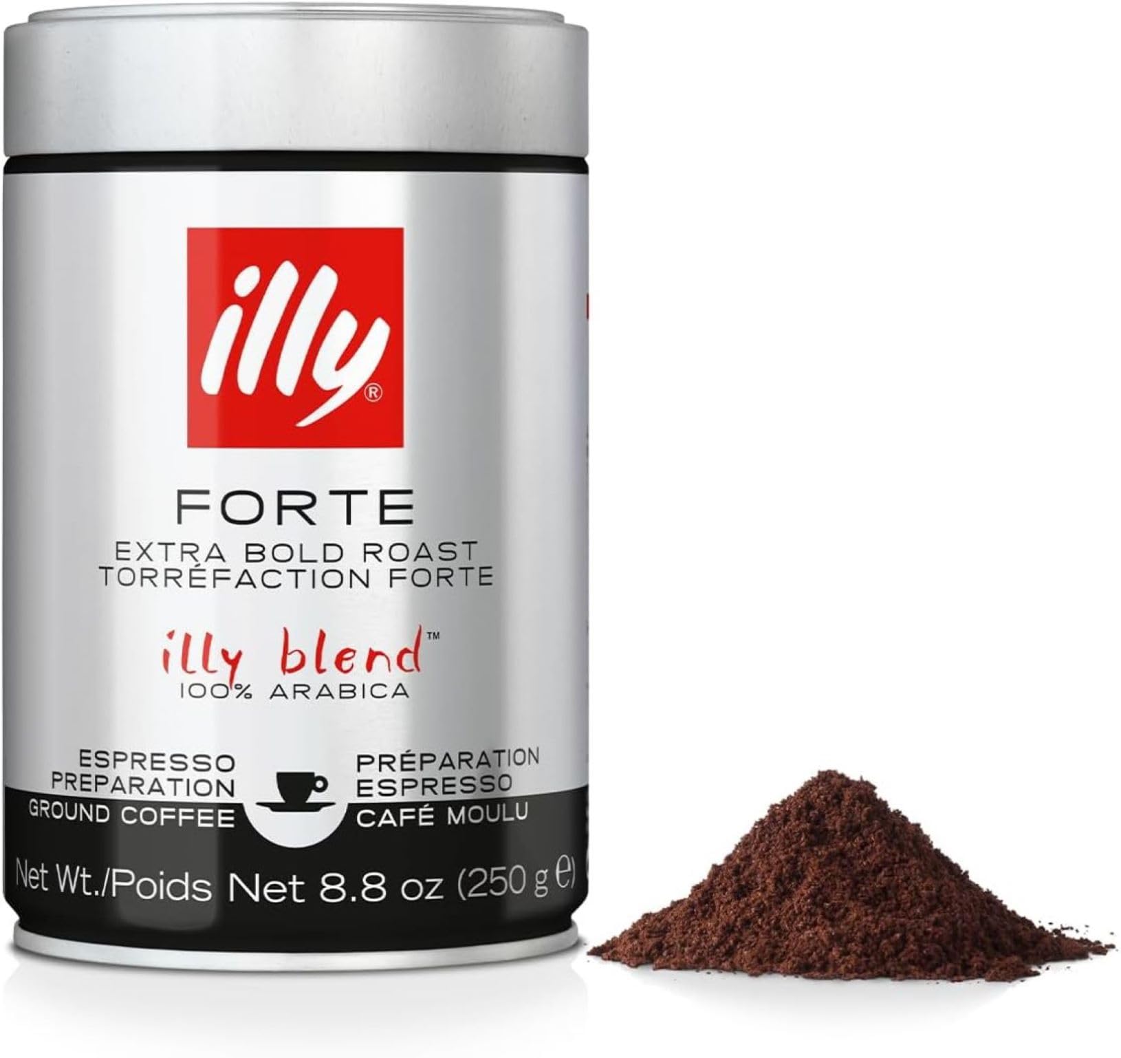 illy, Gemahlener Kaffee für Espresso FORTE, 100% Arabica mit Intensivem Röstbrot-Aroma und Einem Nachgeschmack von Zartbitterschokolade, Kräftiger Geschmack, 1 Dose mit 250g