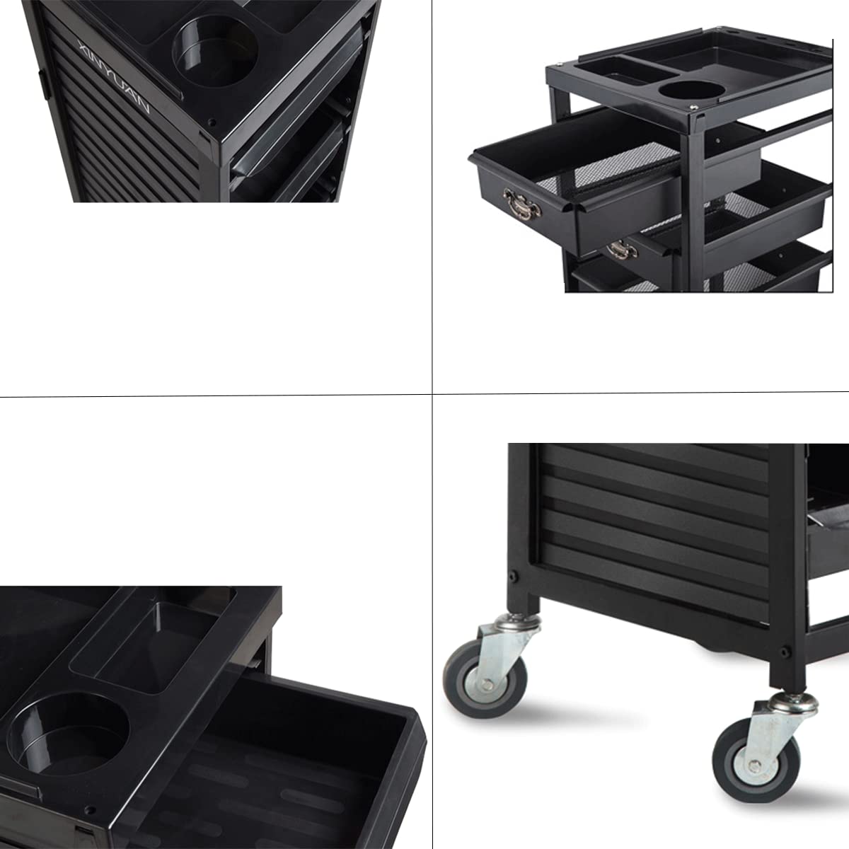 Carrello Parrucchiere Portatile Acciaio Trolley di Metallo Stoccaggio con Ruote Professionale con 4-5 Cassetti con Vassoio,per Barbiere Estetista Massaggi Belleza Tatuaggi Manicure Nero