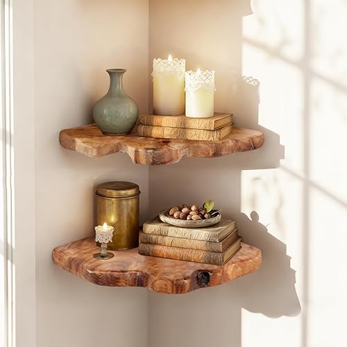 WELLAND Corner Floating Shelf Set of 2, Solid Cedar Wood