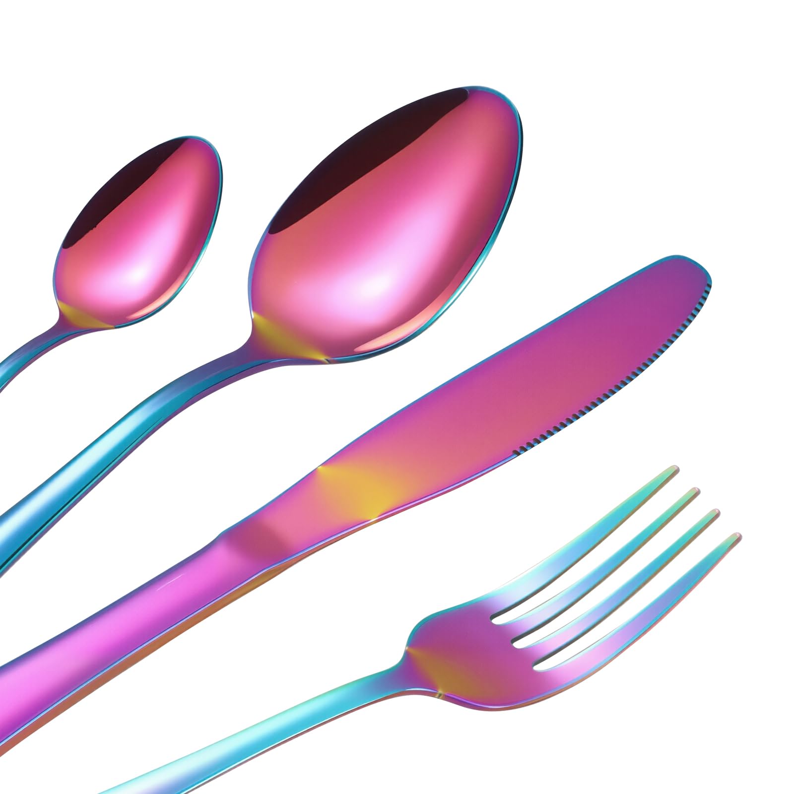 Juego de cubiertos para 6 personas, arco iris, 24 piezas, acero inoxidable, para camping, multicolor, incluye cuchara, tenedor y cuchillo, cubiertos de metal aptos para lavavajillas
