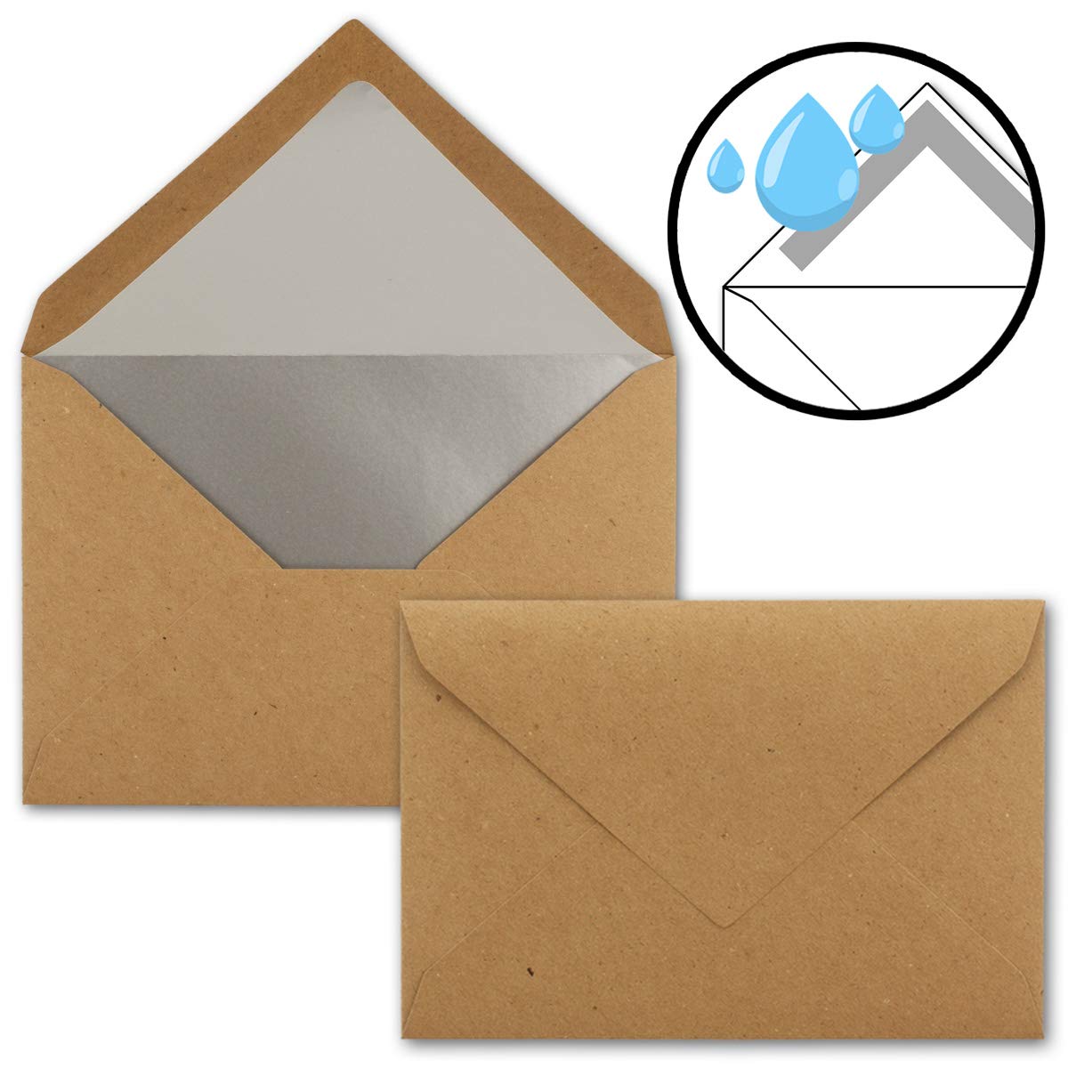 UmWelt by GUSTAV NEUSER - Lot de 500 enveloppes pour lettres - Format B6 - Doublure intérieure argentée - 12,5 x 17,6 cm - Papier kraft recyclé - Marron - Collage par humectation - Vintage