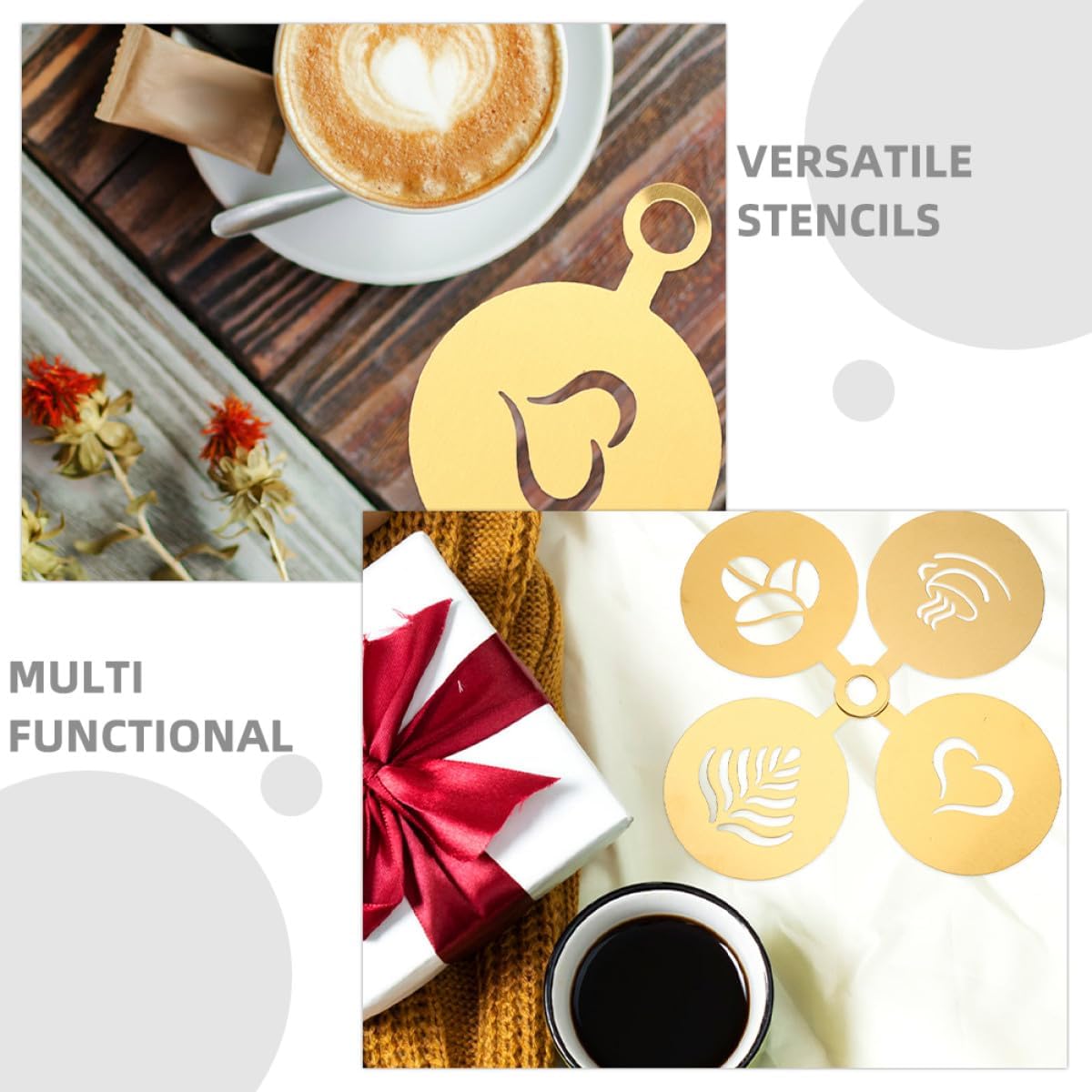 4pcs Stainless Steel Coffee Drawing Templates and Cake Stencils Reusable Latte Art and Cappuccino Hot Chocolate Moulds with Hanging Hole for Baking and Food Decoration