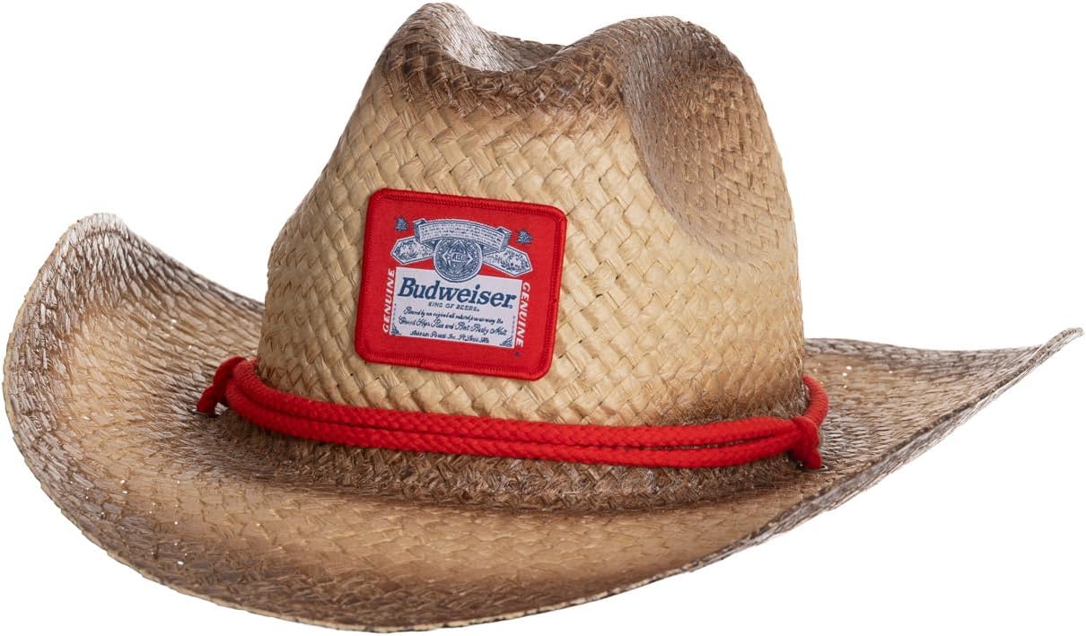 Budweiser Straw Cowboy Hat – Western Beer Logo Hat with Red Rope Band, Distressed Straw Cowboy Hat for Men & Women, Lightweight Breathable Rodeo Hat for Country Concerts, Festivals & Summer