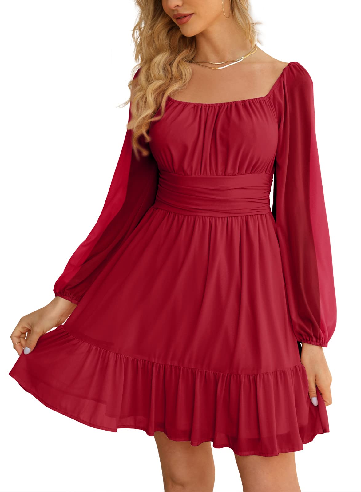 Wenrine Womens Mesh Long Sleeve Square Neck Dress High Waist A Line Ruffle Hem Flowy Casual Party Mini