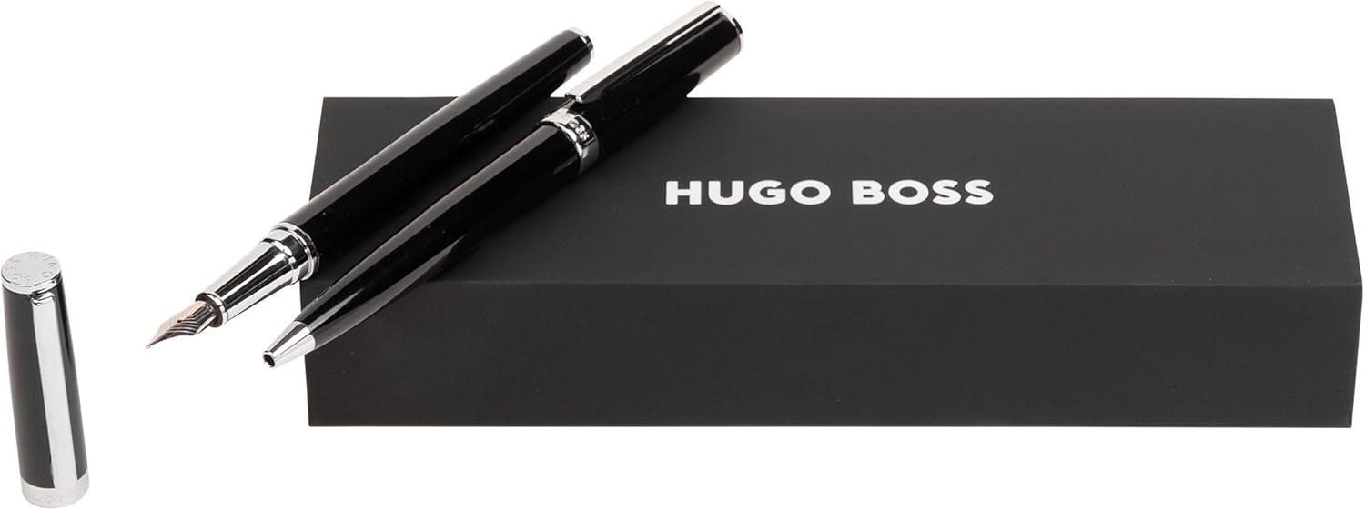 Hugo Boss Pen Set Gear Icon Black HPBP254A (Ballpoint Pen & Fountain Pen) | Gift Box