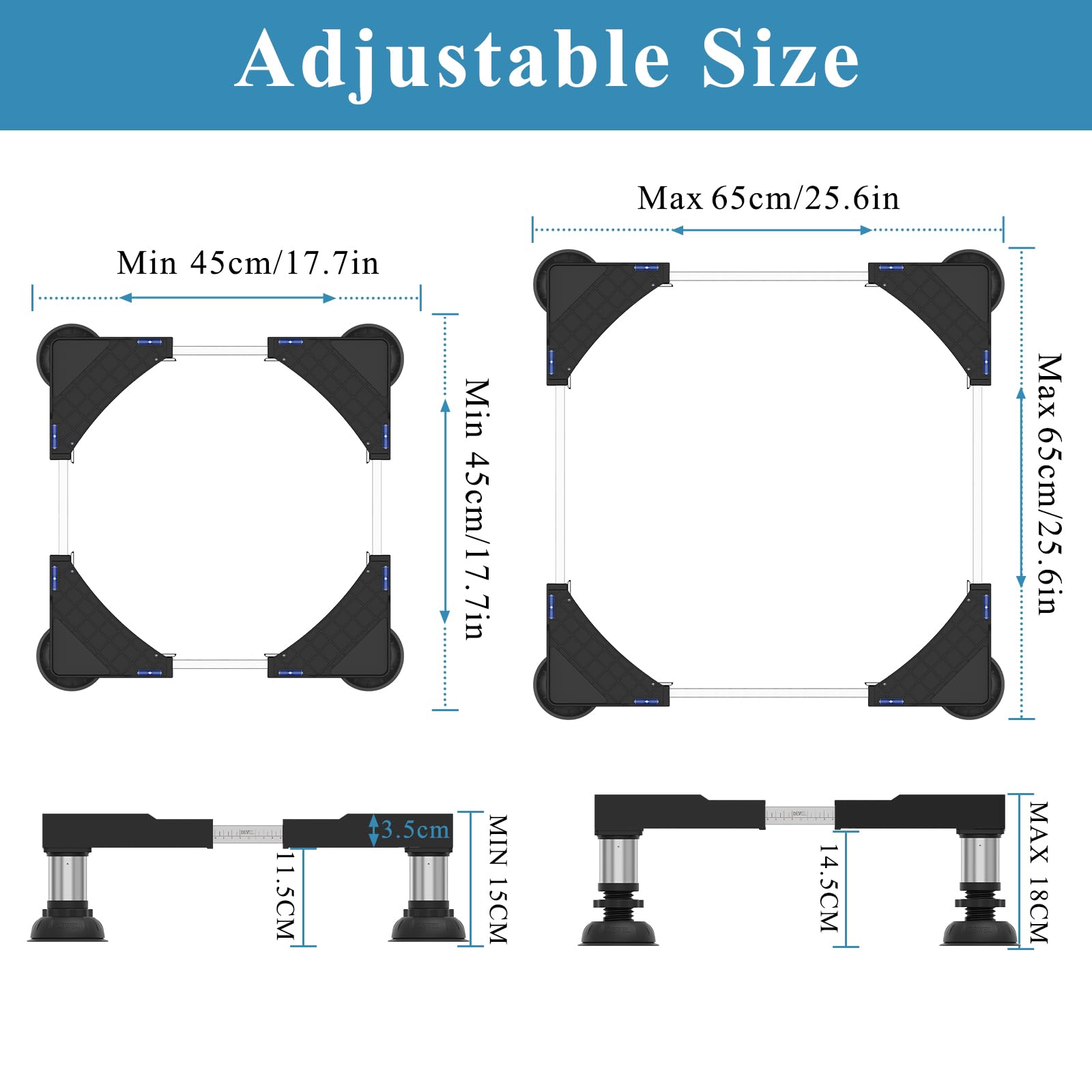 DEWEL Base Lavadora, Soporte para Lavadora Secadora Frigorífico con 4 Pies de Acero Inoxidable, Base Elevador Lavadora Ajustable Ancho/Longitud 45-65cm, Altura 15-18cm, Carga 250kg, Negro